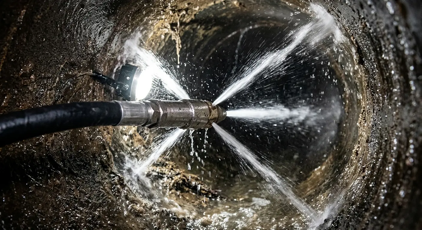 High-pressure hydro jetting nozzle cleaning sewer pipe for Sewer Cleanout in Tuckahoe