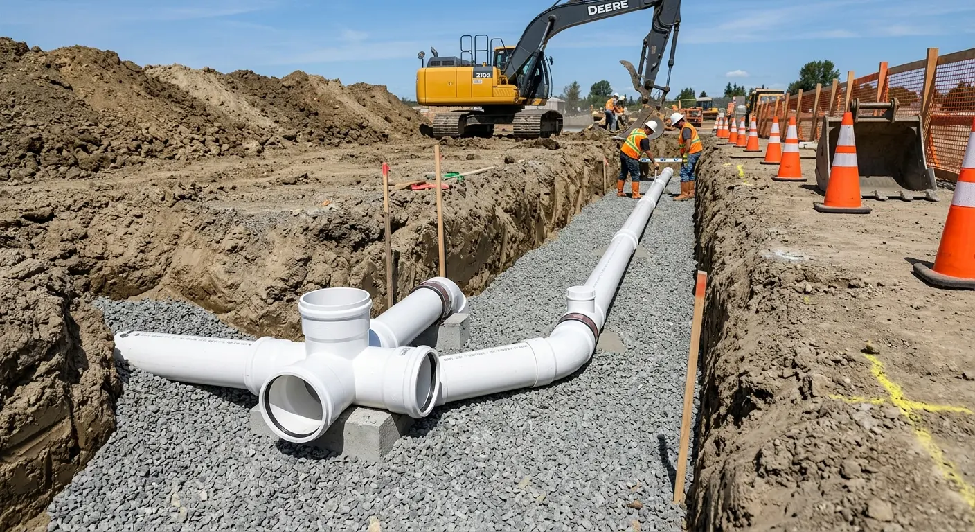 New PVC sewer pipe installation in open trench for Grease Trap Cleaning in Tuckahoe