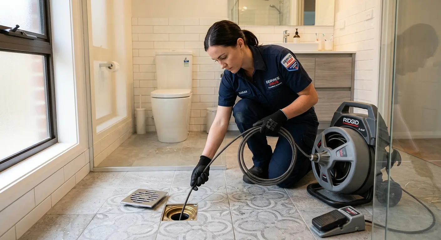 Technician clearing a bathroom floor drain for Drain Cleaning in Tuckahoe